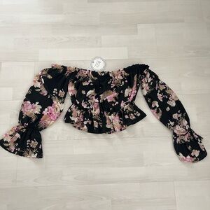 NWT Black Bead Off Shoulder Floral Long Sleeve Blouse Top